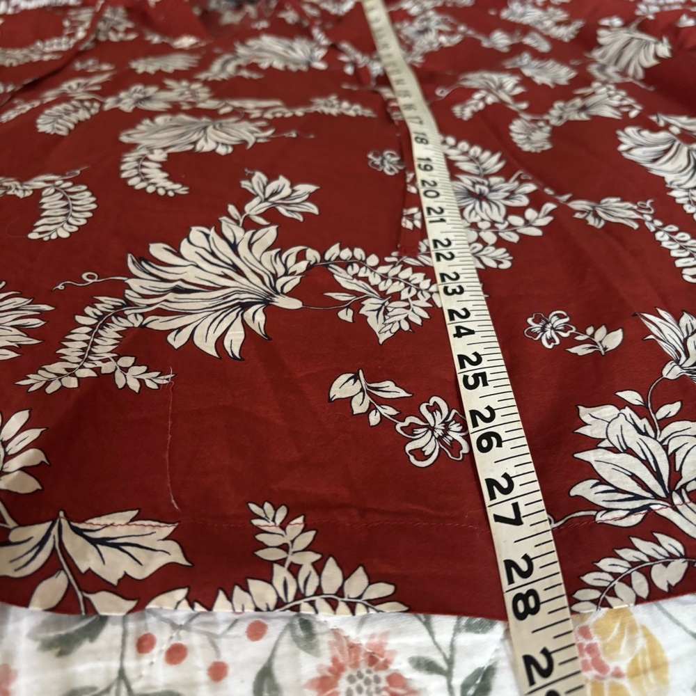 Lane Bryant Sz 22 Rust Floral Cotton Classic Raglan Elbow Sleeve Tie Neck Top - Picture 8 of 10
